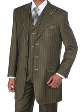 Fortino Landi Men's Gangster Pinstripe With 3 Button Suit w/ Vest Olive 58R