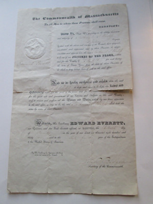 SIGNATURES, 1839 MASSACHSETTS GOVENOR EDWARD EVERETT & SECRETARY OF COMMONWEALTH