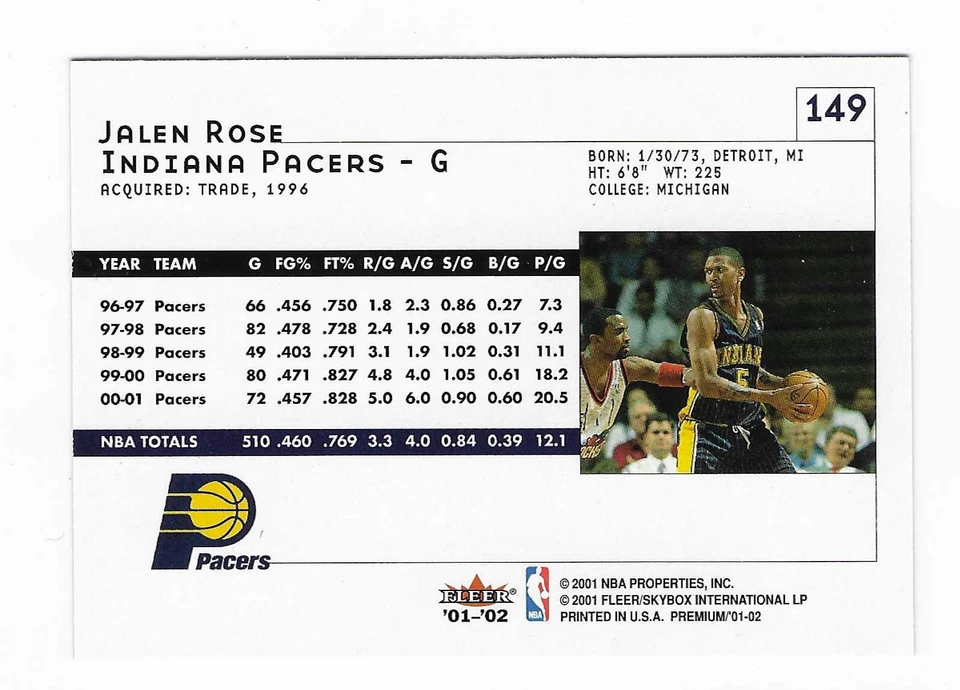 2001-02 Fleer Premium Jalen Rose Indiana Pacers Basketball Card #149 - Image 2 of 2