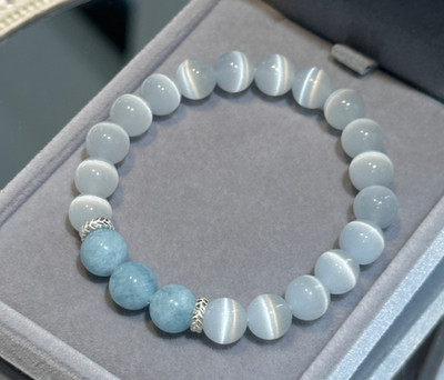 Aquamarine Selenite 8mm Beaded Healing Women Spiritual Bracelet Crystal Gifts