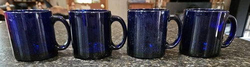 Vintage Set of 4 Libbey Cobalt Blue Glass 12 Fl Oz Coffee Mugs Made in USA