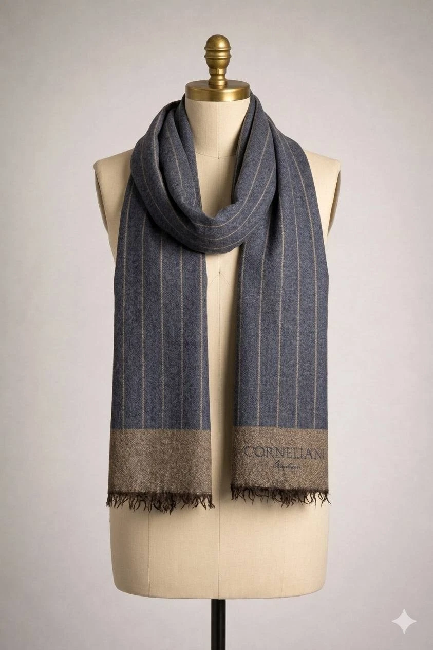 CORNELIANI Italy Luxury Scarf Blue Brown Pinstripe Virgin Wool Cashmere Blend