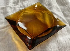 Vintage Cigar Cigarette 4 Slot Square Amber Glass Ashtray Mid Century 4.5”