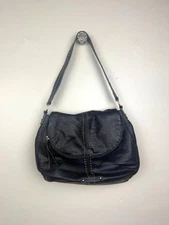 B Makowsky Navy Leather Zip Flap Fold Over Shoulder Bag Purse