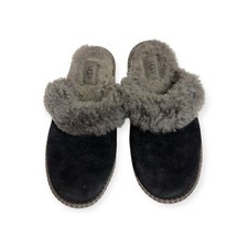 UGG Suede Sheepskin Slippers Black Grey Fur Shearling Mules Womens Sz 5