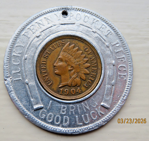 1904 St. Louis Worlds Fair Round Horsehoe Encased Cent w/ I904 Indian Head cent