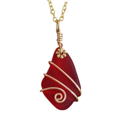 Hawaiian Jewelry Sea Glass Necklace, Gold Wire Necklace, Ruby Necklace Red