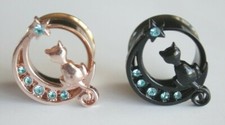 1x Black CAT MOON Witch Halloween Guages Earring Tunnel Double Flared Ear Plug