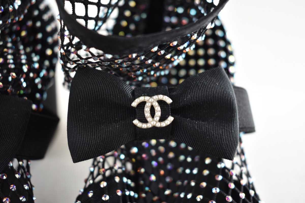[CHANEL]★Mary Jane Short Boots メッシュ クリスタル★36.5 Chanel 23S Black Mesh Crystal Sock Boot CC Logo Mary Jane