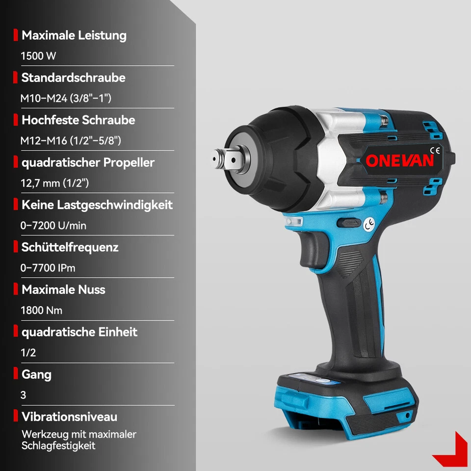 ONEVAN 1800Nm Akku Schlagschrauber Akkuschrauber Ratschen w/ Koffer Nusssatz Kit - Bild 4 von 4