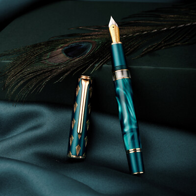 Hongdian N7 Piston Fountain Pen Green Peacock EF/ F Nib Resin Smooth Writing Pen