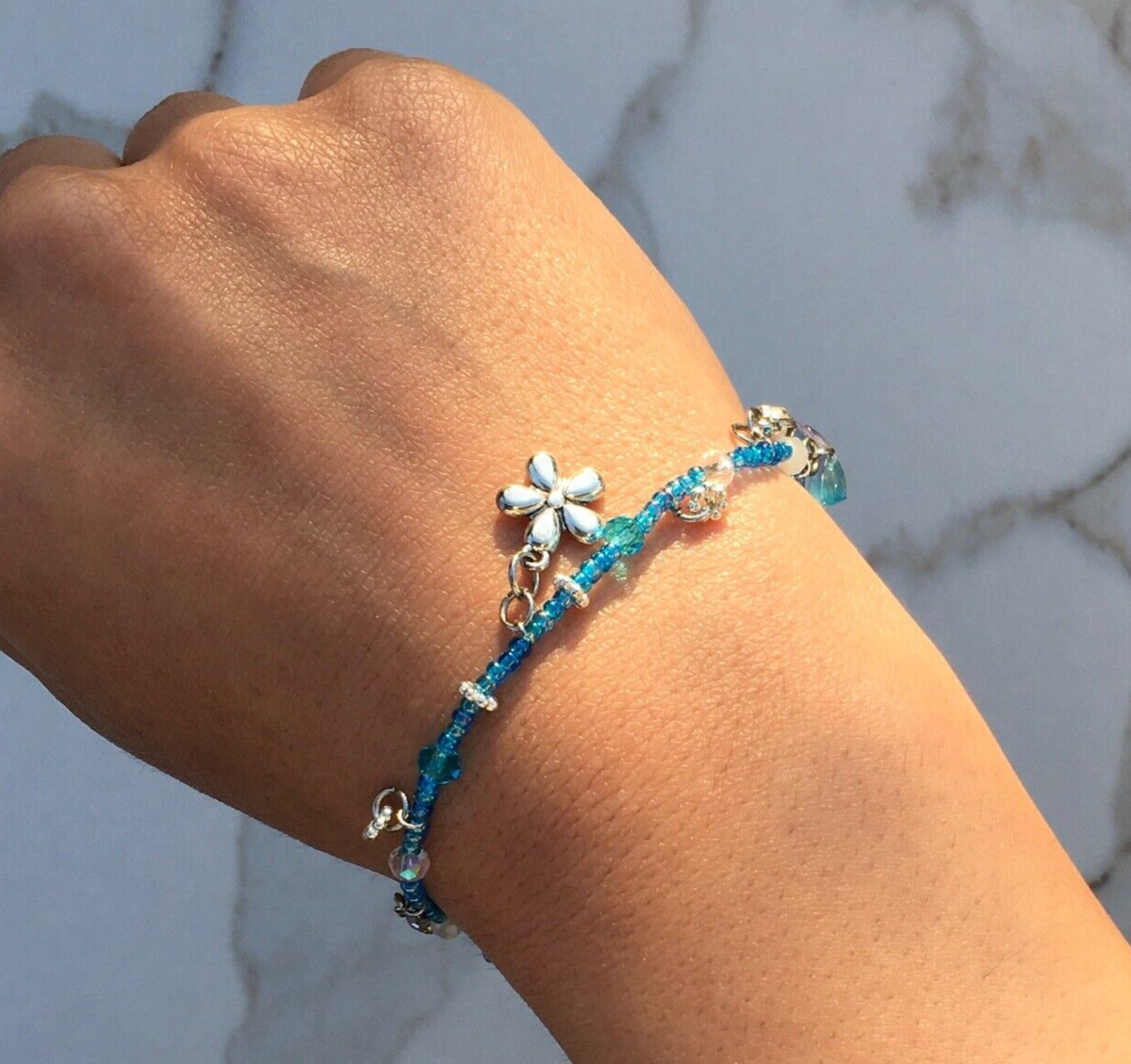 Dainty Preppy Sunflower, Daisy, Butterfly Charm Seed Bead Bracelet