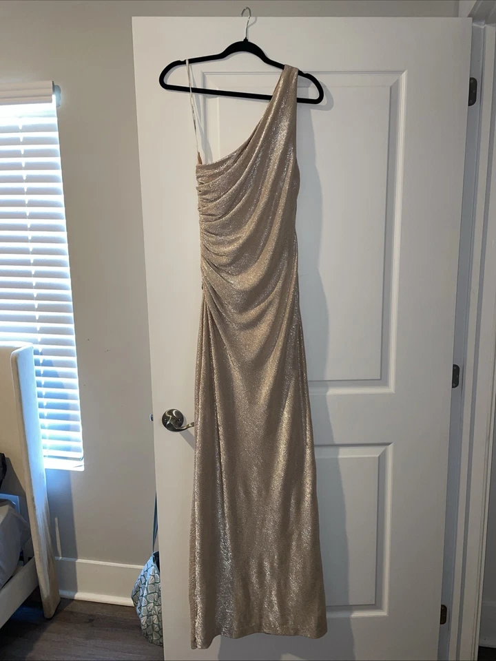 Maxi Vestido CALVIN KLEIN Dorado Un Hombro Acanalado Cuentas Talla 10 Nuevo Con Etiquetas Foto 2 de 3
