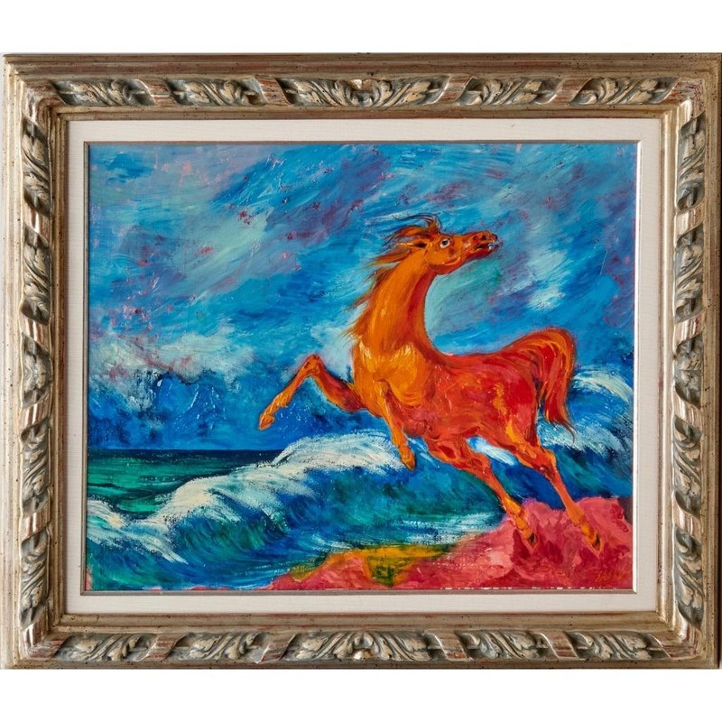 Aligi Sassu Cavallo Nella Tempesta Horse in Storm Oil on Canvas Painting Signed