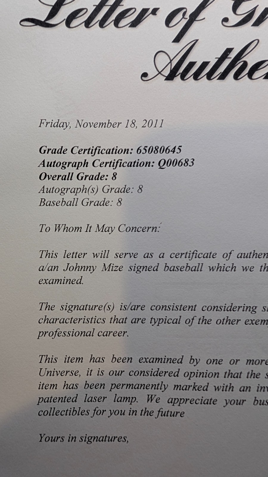 Johnny Mize PSA DNA Certified & Graded Auto Baseball ROAL Cardinal HOF NM-MT8 view 3