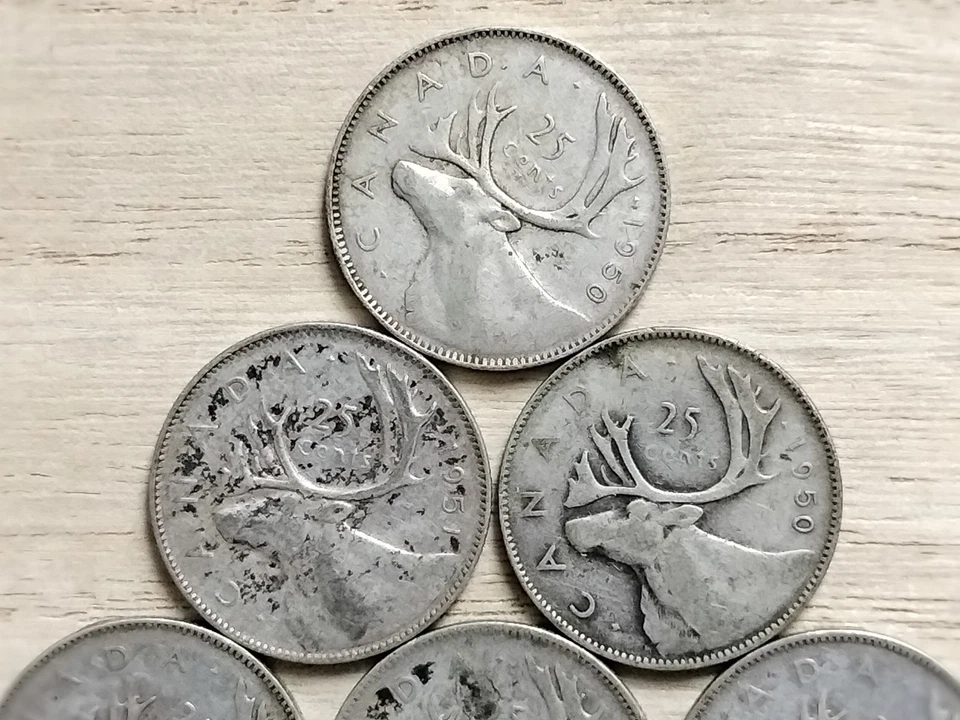 Monedas de plata de 0,800 de Canadá 1949-1951 25 centavos (sin IND: IMP) X 6 condiciones mixtas Foto 2 de 4