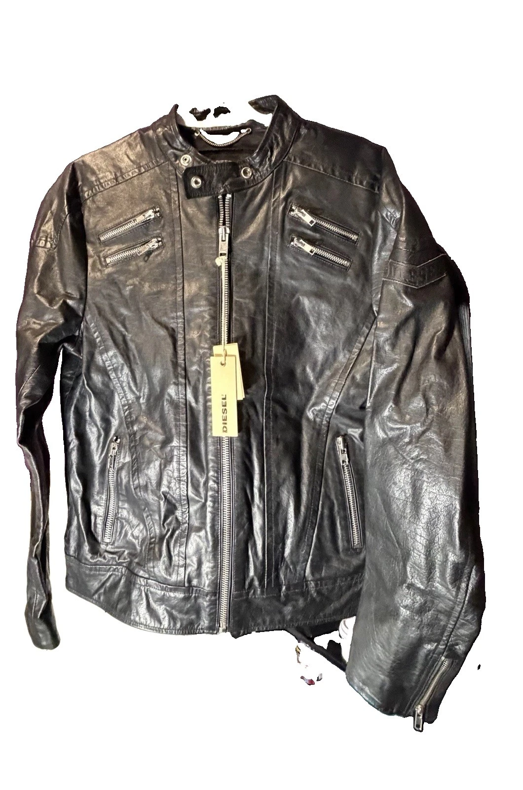 Diesel L-Neilor Men’s Black Leather Biker Jacket L Full Zip Pockets image 8