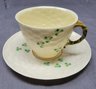 Belleek Shamrock Cup & Saucer Set 6th Green Mark 1955-1965:
