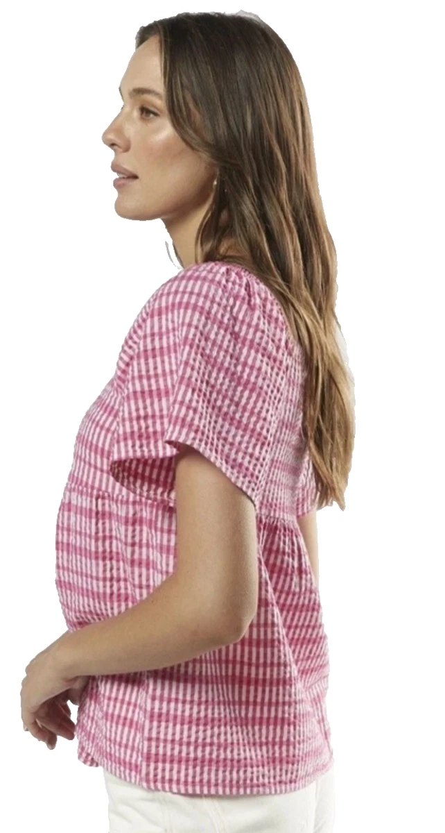 Vero Moda EUC Dixie Gingham Top Cotton Check Pink White Preppy Euro Denmark Au12