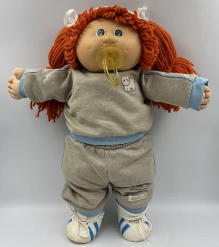 Vtg '85 Cabbage Patch Doll Red Hair Green Eyes Cat Sweatsuit w/Pacifier & BC