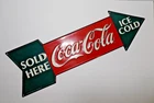 Vintage Ice Cold Coca-Cola Sold Here Metal Arrow Sign Slogan Logo Collectible