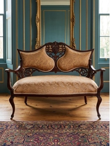 Antique Two Seater Cherry Wood Bench Upholstered Seating