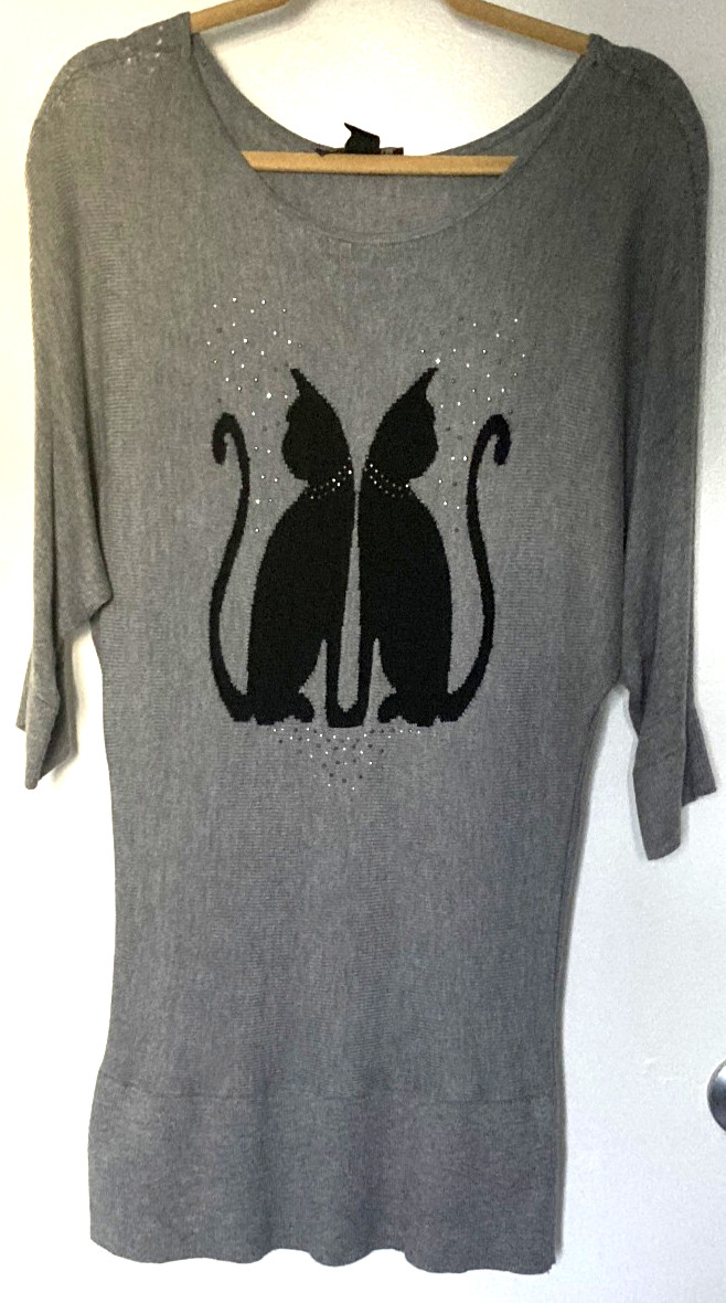White House Black Market Grey 3/4 Sleeve Mirror Image Cat Sweater Dress - Size M