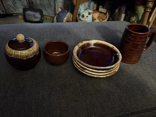 Vtg.  Set Of 4 Plates Brown Drip Glaze, Sugar Bowl Lid, Bean Bowl, Daisy Dot Mug