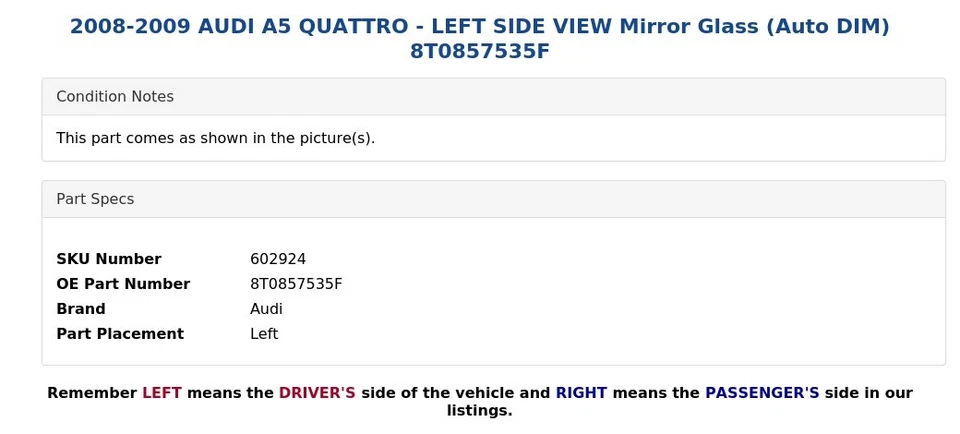 AUDI A5 QUATTRO 2008-2009 - Espejo retrovisor lateral izquierdo cristal (auto DIM) 8T0857535F Foto 4 de 4