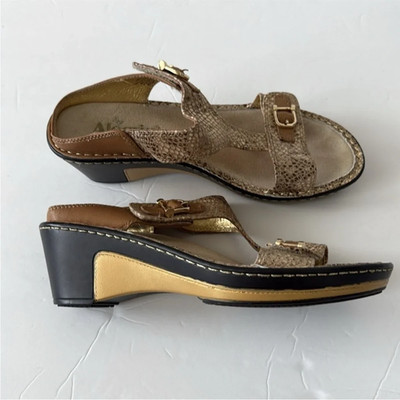 Alegria Shoes Metallic Brown Snake-Embossed Slide Sandals with Gold Accents