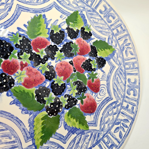 Large 12" Gien France Oiseau Bleu Cake Plate Berries w Blue Border, Hand-Painted - Picture 6 of 7