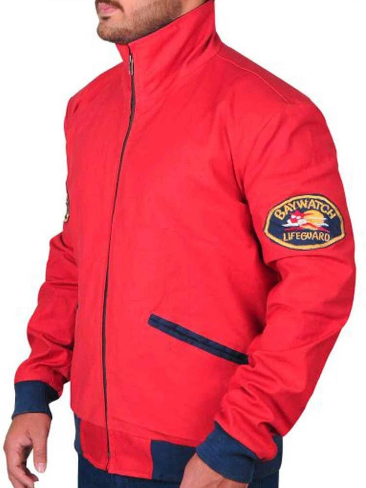 Men's Red Lifeguard Bomber Jacket – Classic Nylon Zip-Up Outerwear with Patches - Image 3 of 4