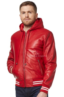 BASEBALL Sports Men's Real Leather HOODED Jacket Slim Fitted Stylish Red 4486