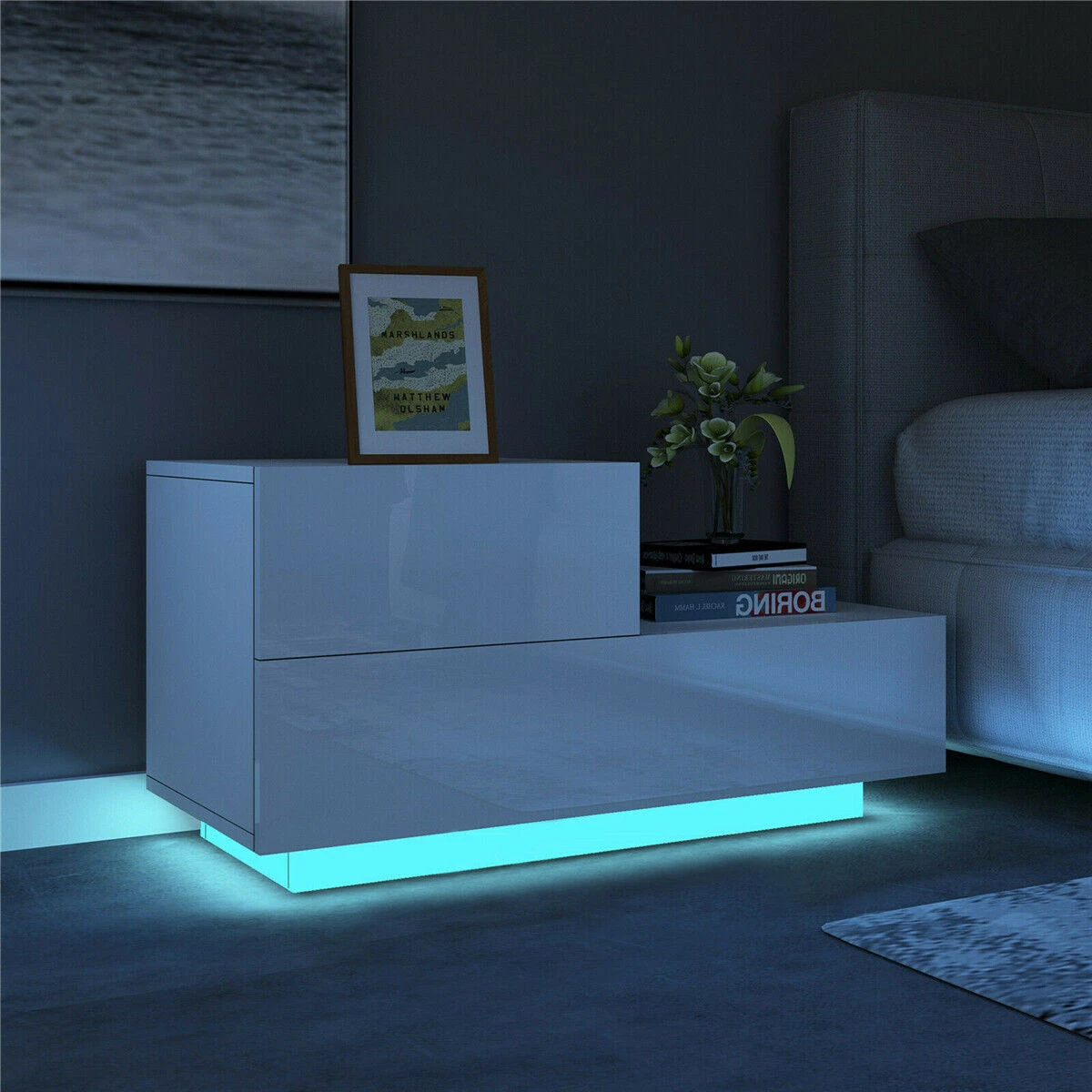 High Gloss 2 Drawers Nightstand Bedroom Bedside Table w RGB LED Light White