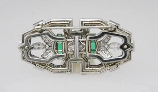 Broche prendedor plata 935 circonita cúbica esmeralda doble clip Art Deco de 8 quilates Foto 2 de 4