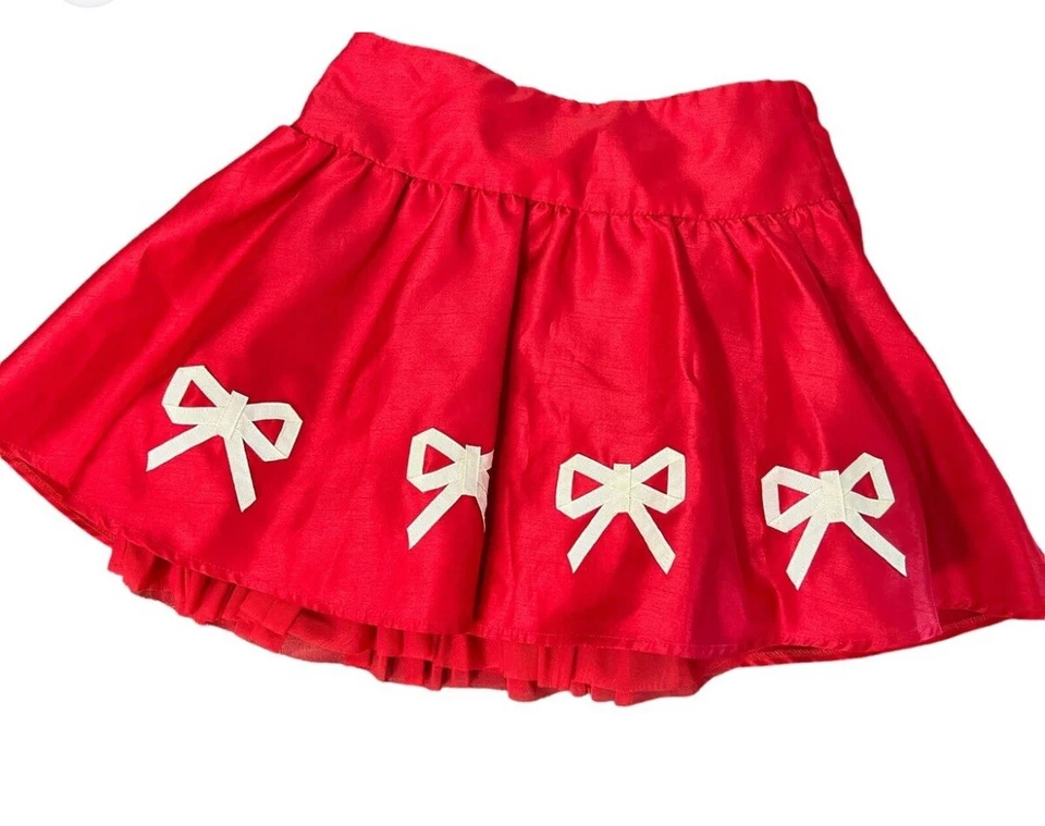 Satin Red White Bow Hartstrings Skirt Elastic Pull On GIRLS Sz 8 Holiday Party - Image 2 of 4