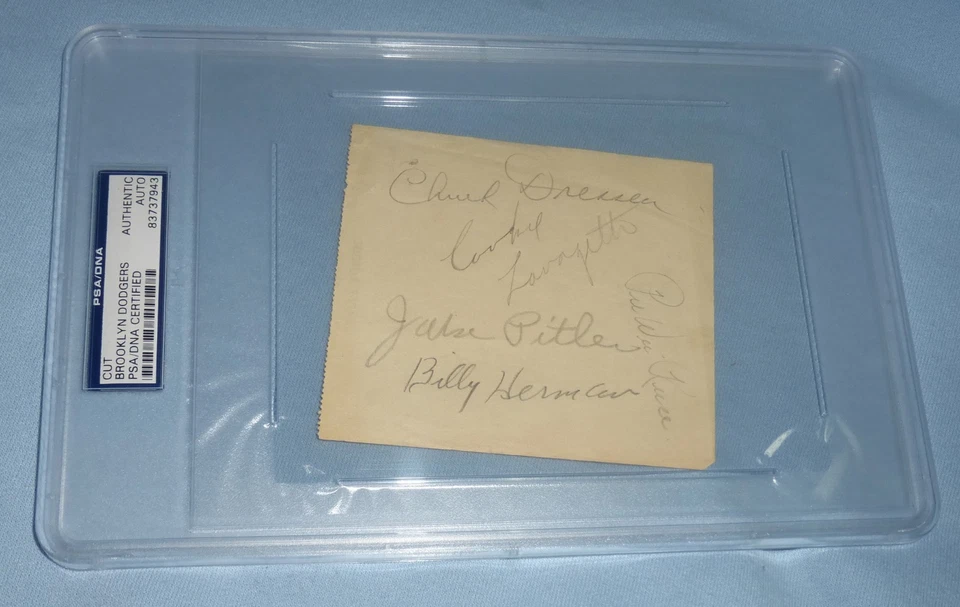 Pee Wee Reese Chuck Dressen Billy Herman +2 Signed 1952-53 Dodgers Cut PSA/DNA - Image 2 of 4
