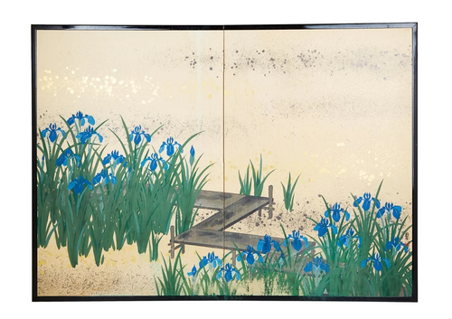 Japanese BYOBU Screen IRIS Bridge Violet Blue Flower IKEBANA Tea Ceremony gyuhj