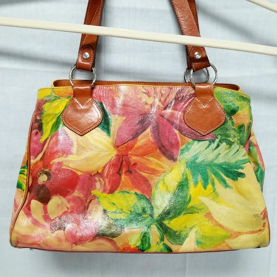 Bolso de hombro de cuero con patrón floral acuarela Maurizio Taiuti Italia Foto 2 de 4
