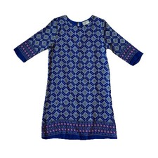Everly Anthropologie Dress S Blue Shift Diamond 3/4 Length Sleeves Boho Aztec