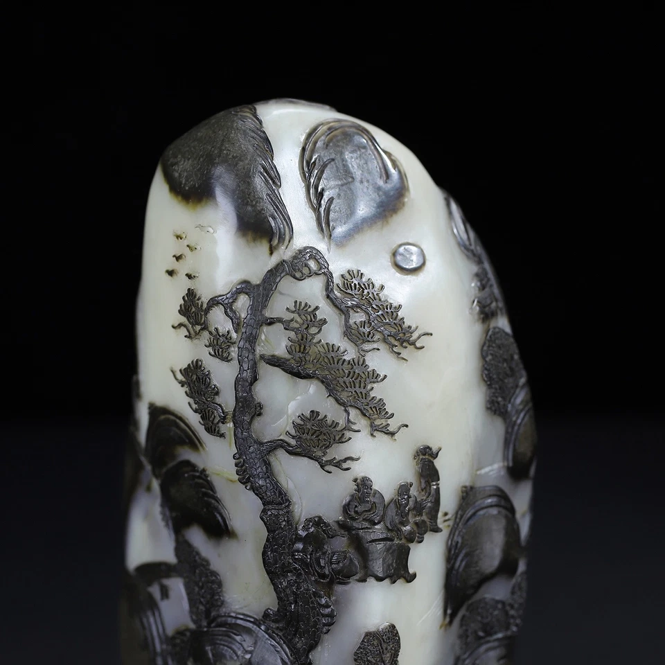 Un antiguo Shoushan piedra piel de cuervo tallada paisaje y figura adorno Foto 4 de 4