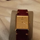 Seiko Quartz Vintage Rectangular Gold Dial Gold Tone Case Brown Leather Strap