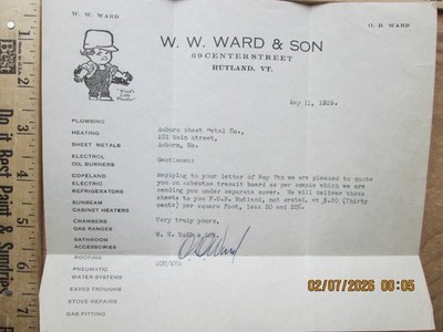 W W WARD & Sons RUTLAND Vermont 1929 letterhead