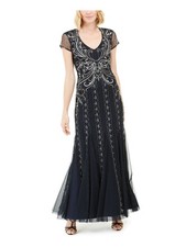 ADRIANNA PAPELL Womens Cap Sleeve V Neck Full-Length Evening Fit  Flare Dress