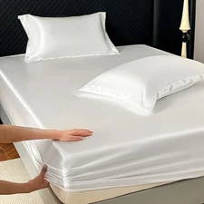 Satin Elastic Fitted Sheet Solid Color Mattress Covers 360 Band Bed Protector