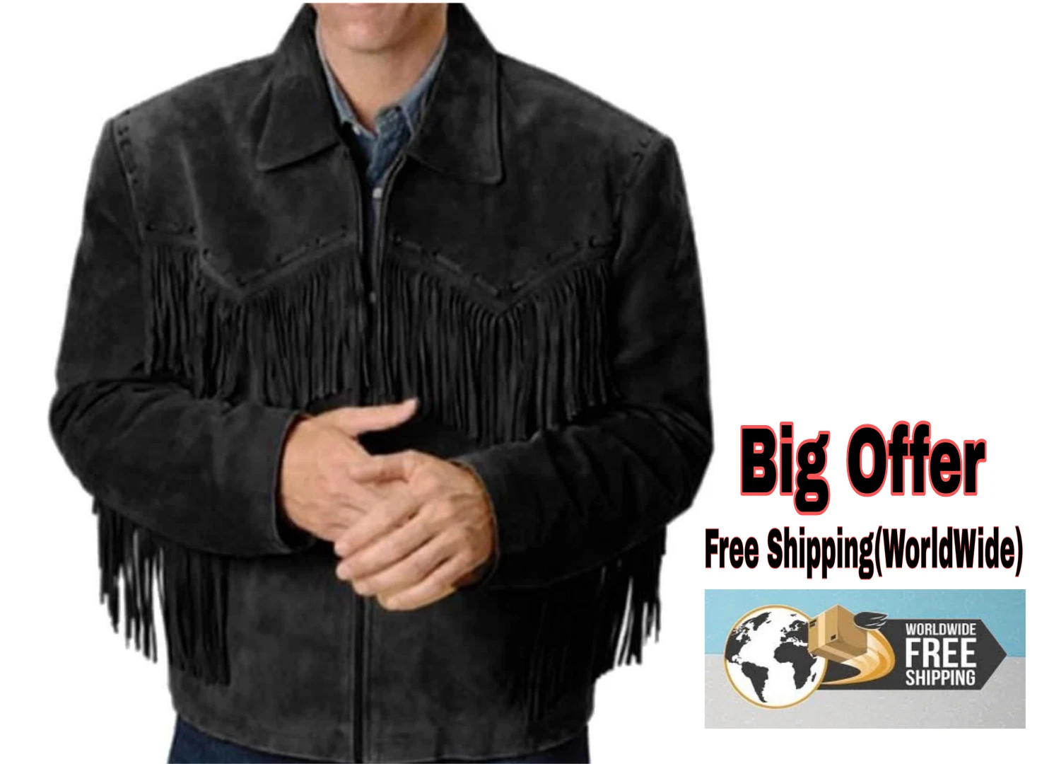 New Men Traditional Native American Western Cowboy Suede Leather Fringed Jacket
