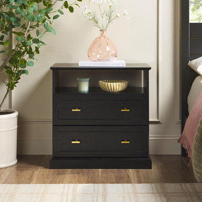 Rustic 2-Drawer Nightstand with Open Cubby - Black End Table for Living Room/Bed
