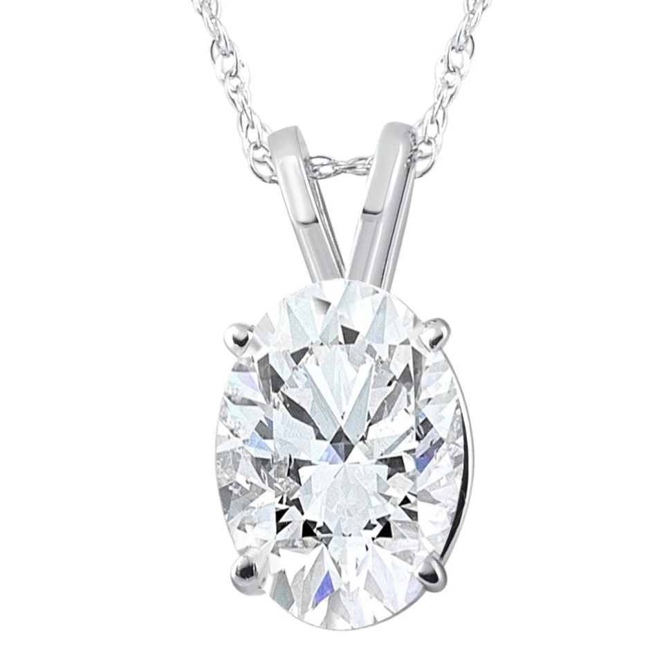 Certified 3Ct Oval Diamond Solitaire Lab Grown 14K White Gold Pendant Necklace