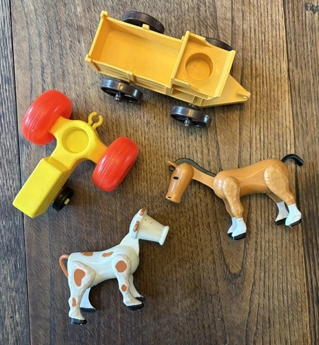 Vintage Fisher Price Family Farm White Cow, Horse and 2 vehicles