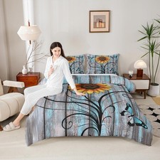 Yellow Sunflower Comforter Set,Butterfly Bedding Set Rustic King Pattern 14